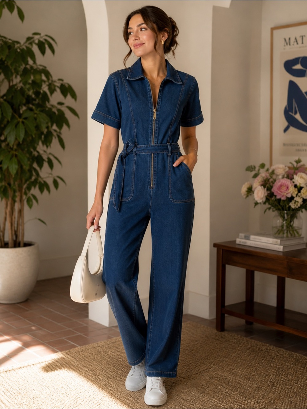 Denim Zip-Front Jumpsuit in Deep Blue